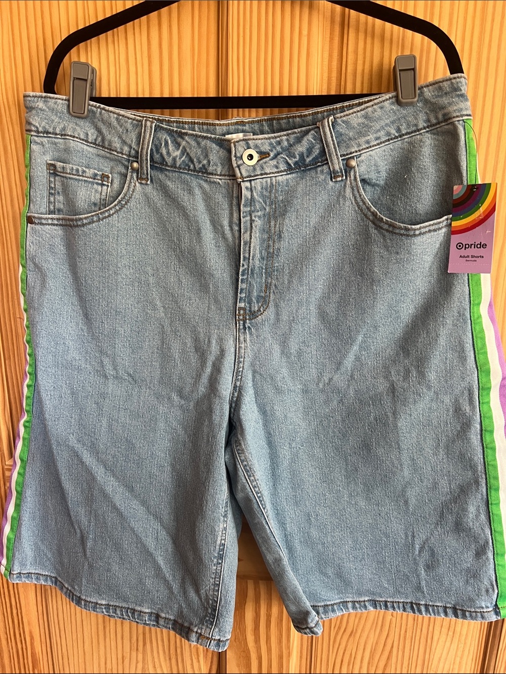 Pride Light Blue Denim Men’s Shorts with Rainbow Stripe